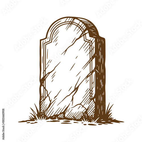 Hand drawn sketch vintage gravestone with cracked appearance and brown color illustration