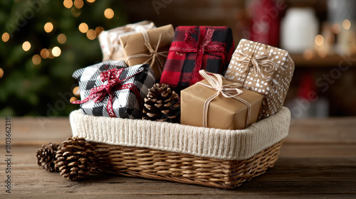 Festive basket filled with wrapped gifts and pinecones on a wooden table with warm holiday bokeh lights in the background