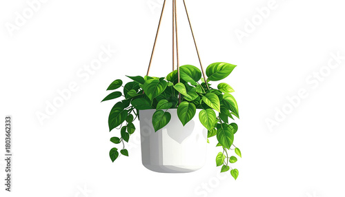 A vibrant, animated illustration of a lush green plant cascading from a white hanging planter against a black background