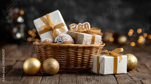 Festive Christmas gift basket with sweets, gingerbread and gold ornaments on a rustic wooden table