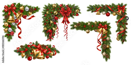 Colorful Christmas Corner Decoration Vectors – Festive Holiday Borders, Ornaments, Wreaths & Decorative Elements for Greeting Cards