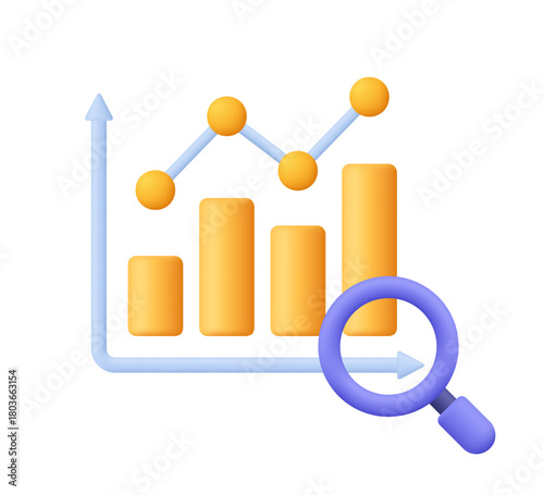 Yellow bar chart with line graph and magnifying glass. Financial stock market, data analysis, statistics, research and business growth concept. 3d vector icon. Cartoon minimal style.