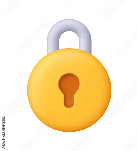 Yellow round padlock with silver curved shackle and keyhole. Security, safety, encryption, protection and privacy concept. 3d vector icon. Cartoon minimal style.