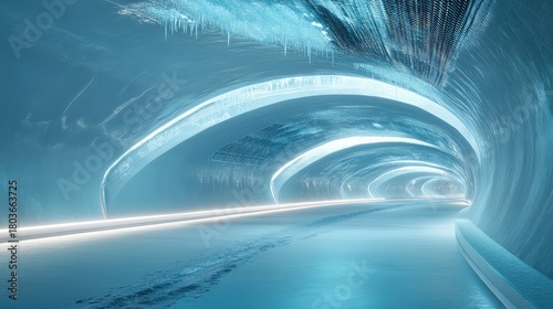 Fototapeta Naklejka Na Ścianę i Meble -  Futuristic ice tunnel with glowing blue light