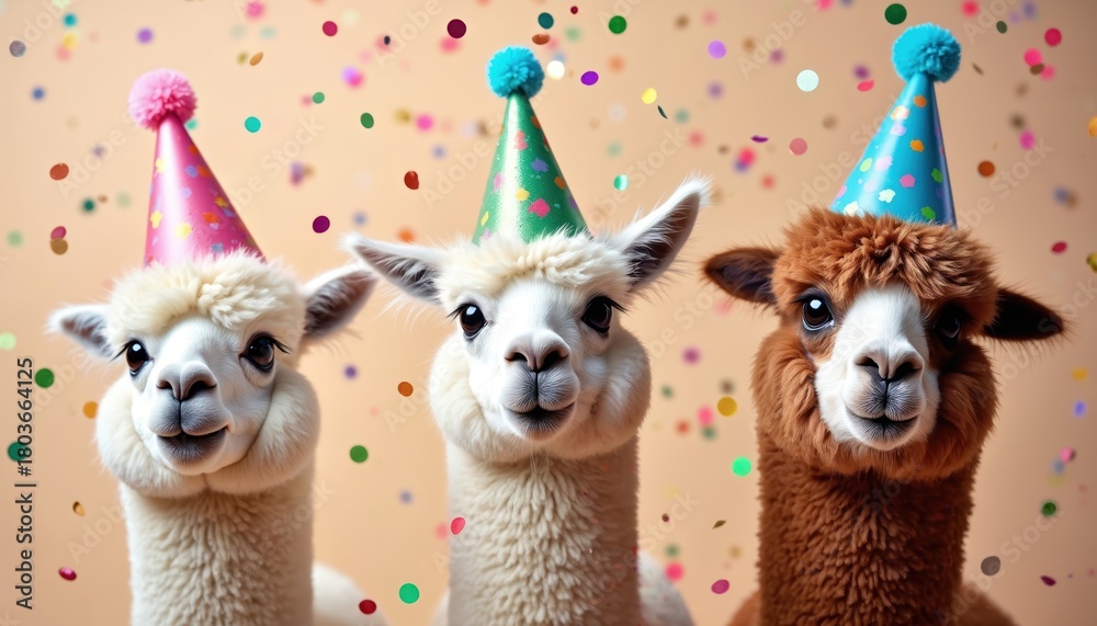 Naklejka premium Three alpacas wear party hats amidst falling confetti. Animals look festive and cheerful, ready for a celebration. Alpacas have fluffy wool and cute faces, appearing playful and happy together.