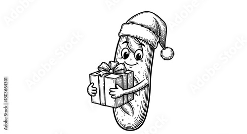 French Baguette in Santa Hat Hugging a Gift — engraving sketch, black and white vintage vector illustration
