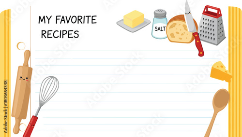 Decorative recipe card template with kitchen utensils and ingredients, colorful cartoon-style design for organizing and writing favorite recipes