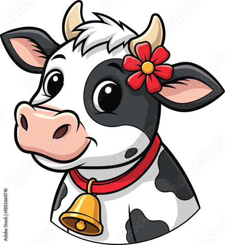 Friendly cartoon cow with flower and bell collar, black and white design for kids content, farm themes, and educational use