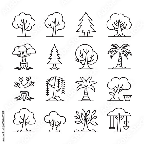 Sixteen diverse black outline tree icons on white background nature plant vector