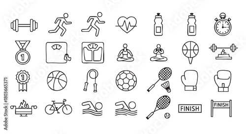 Fitness and Sport doodle icons showing various activities and equipment