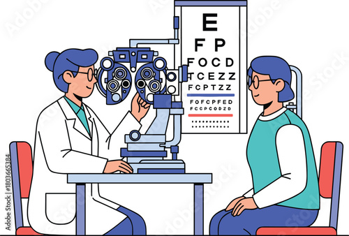 Optometrist performing eye exam with phoropter on female patient in clinic setting with Snellen chart in background