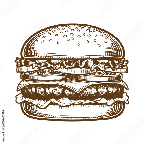Detailed vintage burger sketch with lettuce tomato cheese and sesame seeds illustration