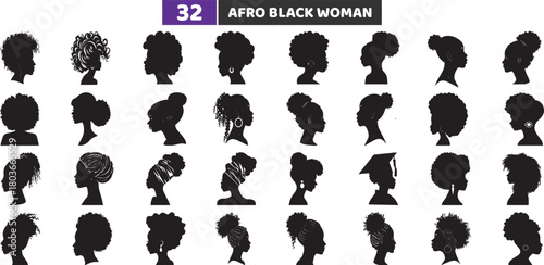 Afro Black Woman Silhouettes Icons Set, Natural Hair and African Female Profile Vector Collection