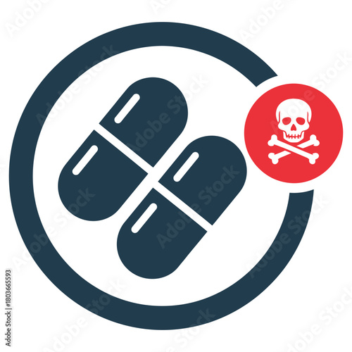 Two dark blue capsules inside a dark blue circle with a red skull and crossbones warning symbol