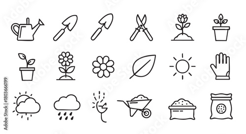 Gardening and Weather Icons set in minimal line drawing style