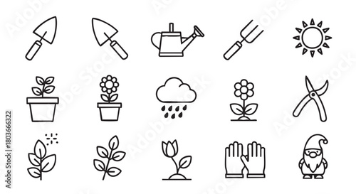 Gardening Icon Set with Trowel Plants and Seedlings for Design Projects