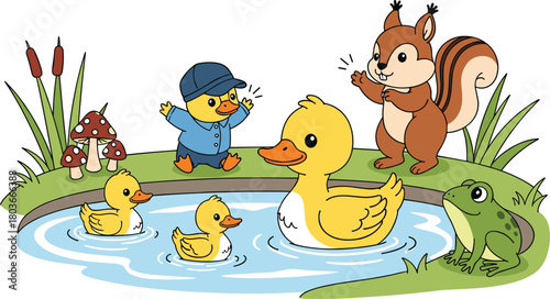 Playful cartoon pond scene with ducklings, chipmunk, frog, and mushrooms in nature setting, cheerful and educational children’s illustration