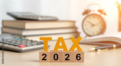 Tax and financial concept with books, clock, calculator and pen