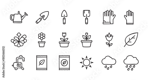Gardening icons set illustration in black and white design style