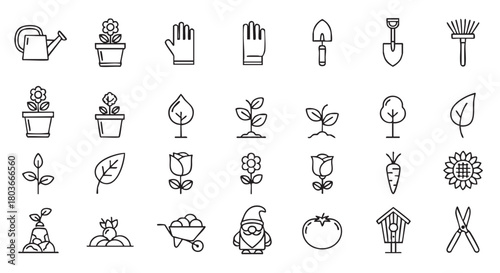 Gardening icons in simple line art style for creative projects