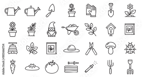 Gardening Icons Set Minimalist Outlines Featuring Tools Plants and Vegetables