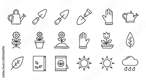 Gardening Tool and Plant Icon Set in Black and White Outline