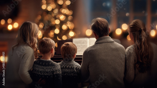 Family sitting together at piano in cozy living room, playing music by Christmas tree with warm festive lights