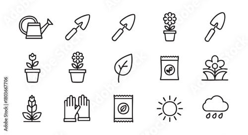 Gardening tools and plants icons set in outline style vector illustration