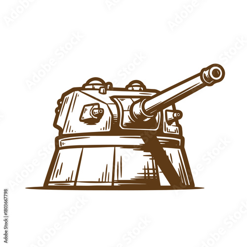 Vintage sketch illustration of a naval cannon turret suitable for military and historical projects