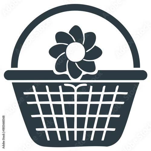 Decorative wicker basket with flower, graphic illustration.