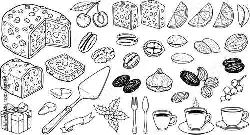 Hand-Drawn Christmas Fruitcake, Assorted Nuts, Dried Fruits, Coffee Cups, and Festive Holiday Elements Collection
