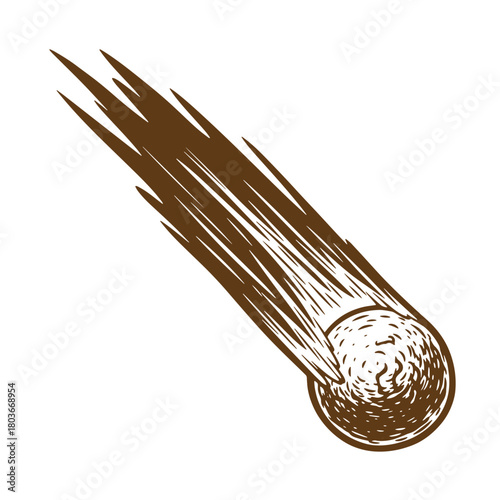 Brown sketch of a meteor or comet with tail isolated on white background
