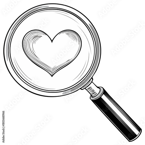 Magnifying glass examining a sketched heart symbol creating an abstract love search concept
