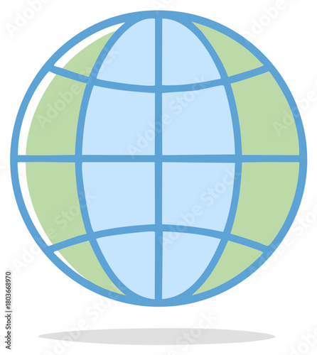 Blue and Green Stylized Globe Icon Illustration with Grid Lines, World Map