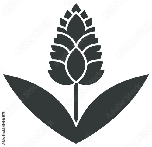 Dark Gray Hops Cone Blossom with Leaves Simple Vector Illustration