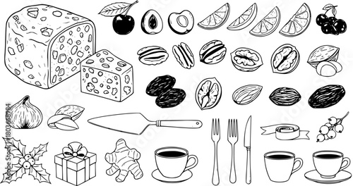 Hand-drawn collection of Christmas baking ingredients, dried fruits, nuts, holiday elements (gingerbread, holly), and kitchenware for festive recipes.