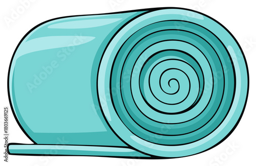 Rolled up teal yoga mat with spiral pattern inside, isolated on white