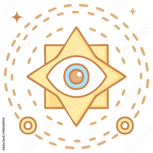 Mystical all seeing eye symbol in a star with radiating energy, spiritual insight icon