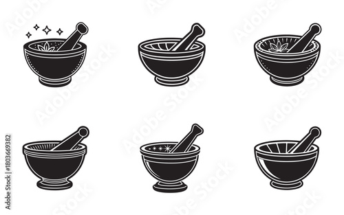 Mortar and Pestle Icon Set for Herbal Medicine and Culinary Arts Black and White Vector Illustrations