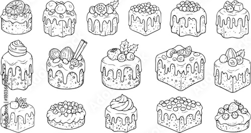 Detailed Line Art Collection of Various Cakes and Desserts with Drizzles and Toppings, Black and White Sketch for Coloring Books and Bakery Menus