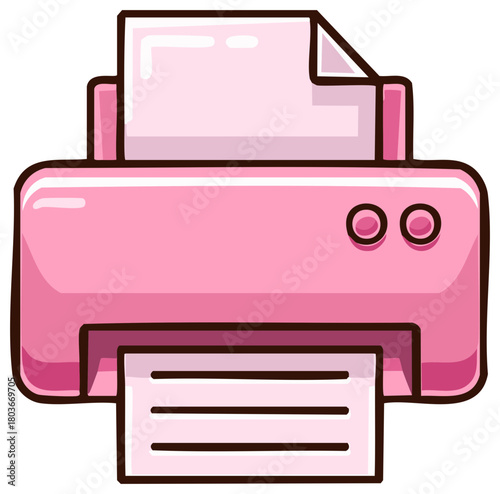 Vibrant pink printer ejecting a sheet of paper in a cartoon illustration style ready for document printing