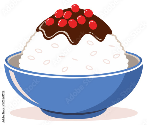 Steaming white rice topped with sweet chocolate sauce and red bean paste in a blue bowl