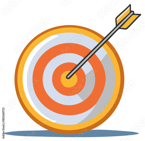 Colorful cartoon target with an arrow in the bullseye representing achievement and success