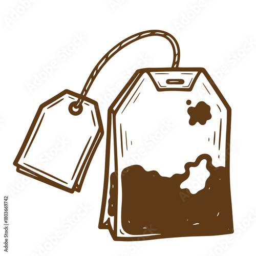 Hand drawn sketch illustration of a tea bag with a tag isolated on white background.