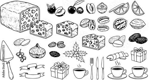 Hand-drawn Christmas and Winter Holiday Food Elements Set with Fruitcake, Nuts, Dried Fruits, Coffee, Gifts  Holly, Black and White Sketch Illustration
