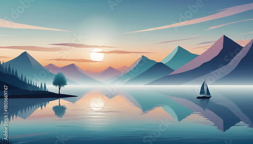 Peaceful evening with a sailboat and mountains in the distance. Tranquil mountain lake at sunset with a sailboat. Evening calm with a sailboat drifting on still waters