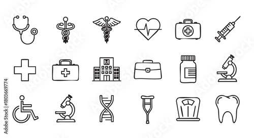 Healthcare and medical icons set symbols in a black and white style