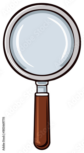 Classic magnifying glass illustration with wooden handle. Vector icon for search, discovery, and inspection.