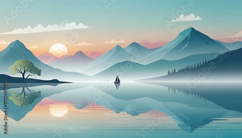 Misty lake and peaceful sailboat at dawn. Tranquil boat ride through morning mist on a calm lake. Serene morning scene with a sailboat and misty lake