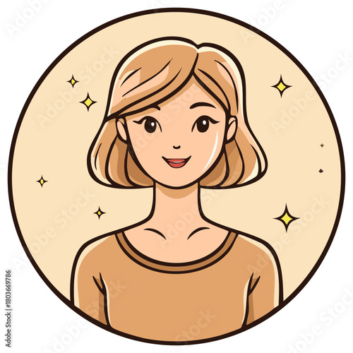 Cartoon girl with bob haircut and sparkling eyes smiling warmly